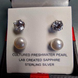 Cultured Freshwater Pearl and Lab Sapphire earrings  (NWTG)